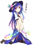  &gt;:) 1girl =3 animal_ears black_hat blue_dress blue_hair bow bowtie breasts brown_shoes dog_ears dog_tail dress dress_pull food fruit full_body gradient_hair groin hat hinanawi_tenshi ichiyan kemonomimi_mode kneeling leaf long_hair looking_at_viewer multicolored_hair navel no_bra panties peach pink_hair puffy_short_sleeves puffy_sleeves rainbow_gradient rainbow_order red_bow red_bowtie red_eyes shirt shirt_lift shoes short_sleeves slime_(dragon_quest) small_breasts smile solo star star-shaped_pupils striped striped_panties symbol-shaped_pupils tail touhou tsurime under_boob underwear when_you_see_it white_blouse white_shirt wing_collar 