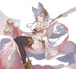  1girl animal_ears bare_shoulders elbow_gloves fingerless_gloves gloves granblue_fantasy hanarito korwa quill silver_hair solo thigh-highs 