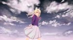  1girl absurdres arms_behind_back ban_(gefuehl) fate/stay_night fate_(series) highres illyasviel_von_einzbern long_hair outdoors pleated_skirt red_eyes silver_hair skirt sky smile solo white_skirt 