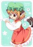  1girl ? animal_ears bow brown_eyes brown_hair cat_ears cat_tail chen dress english fang green_hat hat jewelry long_sleeves mob_cap multiple_tails nekomata open_mouth pila-pela red_dress short_hair single_earring solo spoken_question_mark string_phone tail touhou two_tails 