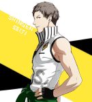  1boy alternate_costume brown_hair character_name egawa_satsuki from_side hand_on_hip idolmaster idolmaster_side-m male_focus muscle parted_lips shingen_seiji sleeveless solo violet_eyes 