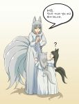  animal_ears black_hair fox_ears fox_tail korean korean_clothes mother_and_daughter multiple_girls siblings silver_hair simple_background sisters tail 
