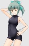  1girl alternate_costume aqua_bow arm_up armpits artist_name ass_visible_through_thighs bangs bare_shoulders blunt_bangs blush bow contrapposto covered_navel cowboy_shot fuuma_nagi grey_background grey_hair grin hair_bow halterneck hand_behind_head hand_on_hip high_ponytail kantai_collection legs_apart one_eye_closed ponytail pose short_hair short_ponytail sidelocks simple_background skin_tight small_breasts smile solo standing turtleneck twitter_username unitard yellow_eyes yuubari_(kantai_collection) 