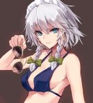  1girl aosaki_yukina bare_shoulders bikini blue_bikini blue_eyes braid breasts brown_background earrings izayoi_sakuya jewelry looking_at_viewer maid_headdress silver_hair simple_background smile solo sunglasses sunglasses_removed swimsuit touhou twin_braids upper_body 