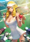  1girl ball bare_shoulders blonde_hair blue_eyes breasts cleavage copyright_name cowboy_shot crowd dress dutch_angle large_breasts lens_flare light_rays long_hair looking_at_viewer microphone ningu official_art original pinky_out qurare_magic_library racket red_apple ringlets short_dress solo_focus sportswear sweat tennis_ball tennis_court tennis_racket tennis_uniform visor_cap white_dress 