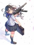  1girl :o bangs black_legwear black_skirt blunt_bangs brown_eyes brown_hair brown_shoes cherry_blossoms daito floating_hair from_above from_behind full_body gun kneehighs loafers long_hair looking_to_the_side m3_greasegun messy_hair original parted_lips petals pleated_skirt sailor_collar school_briefcase school_uniform serafuku shirt shoes short_sleeves simple_background skirt solo standing submachine_gun suitcase weapon white_background white_shirt wind 