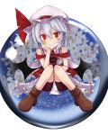  1girl :&gt; adapted_costume akisome_hatsuka bat_wings bike_shorts bow cherry_blossoms elbow_rest hat hat_bow mob_cap red_eyes remilia_scarlet sitting solo touhou white_hair wings 