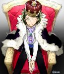  1boy ;) cape crown egawa_satsuki from_above gradient gradient_background green_eyes green_hair hairband hands_together idolmaster idolmaster_side-m looking_at_viewer looking_up male_focus mitarai_shouta one_eye_closed sitting smile solo throne twitter_username 