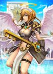  &gt;:| 1girl angel angel_wings armor armored_dress blonde_hair braid breasts cleavage commentary_request cowboy_shot gauntlets gloves green_eyes hair_over_one_eye halo holster key keyblade large_breasts looking_at_viewer maid_headdress nana-ya navel original pauldrons pelvic_curtain short_hair single_braid single_gauntlet single_glove solo thigh_holster white_gloves wings 