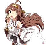  1girl ahoge blue_eyes breasts brown_hair double_bun hairband highres japanese_clothes kantai_collection kongou_(kantai_collection) large_breasts long_hair nontraditional_miko one_eye_closed open_mouth skirt smile solo takeya_yuuki v 