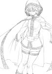  1girl bangs belt_pouch boots cloak commentary_request greyscale hair_between_eyes high_collar highres hood hood_up hooded_cloak looking_at_viewer monochrome niwatazumi original sketch skirt sleeves_past_wrists smile solo thigh-highs wide_sleeves zettai_ryouiki 