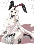  1girl animal_ears bangs blush breasts bunnysuit claws commentary_request detached_collar detached_sleeves gomasamune hands_together high_heels horn kantai_collection kneehighs large_breasts long_hair looking_at_viewer rabbit_ears red_eyes seaport_hime shinkaisei-kan sitting solo very_long_hair wariza white_hair 
