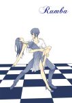  1boy 1girl blue_hair checkered checkered_floor closed_eyes dancing dress english female_saniwa_(touken_ranbu) high_heels limited_palette mikazuki_munechika saniwa_(touken_ranbu) smile touken_ranbu tsugumi_(uzurabird) 