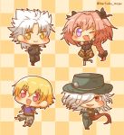  4boys ;d blonde_hair boots braid checkered checkered_background chibi child_gilgamesh cross cross_necklace daifuku_mogu edmond_dantes_(fate/grand_order) fang fate/apocrypha fate/grand_order fate/hollow_ataraxia fate_(series) hair_over_one_eye hat highres jewelry kotomine_shirou looking_at_viewer multiple_boys necklace necktie one_eye_closed open_mouth otoko_no_ko pink_hair rider_of_black smile twitter_username violet_eyes white_hair 