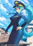  1girl airplane blue_hair braid breasts female fighter_jet glasses hand_on_hip jet looking_at_viewer military military_uniform ningu pantyhose pointy_ears ponytail qurare_magic_library solo uniform yellow_eyes 