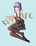  1girl :q absurdres black_legwear blue_background blue_eyes breasts copyright_name dagashi_kashi flower full_body hair_flower hair_ornament hairband high-waist_skirt highres large_breasts legs licking_lips looking_at_viewer lying nail_polish no_shoes on_side pantyhose purple_hair red_nails revision shidare_hotaru short_hair skirt skirt_lift sleeveless solo thighband_pantyhose tongue tongue_out underbust zhano_kun 