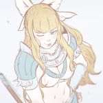  1girl ;p armor bikini_armor blonde_hair blue_eyes bow breasts charlotte_(fire_emblem_if) cleavage fire_emblem fire_emblem_if koyorin one_eye_closed pauldrons solo spikes tongue tongue_out weapon white_bow 
