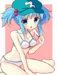  1girl aqua_hair bare_shoulders barefoot bikini blue_bikini blue_eyes blue_hair blue_swimsuit blush breasts cleavage collarbone dripping food hair_bobbles hair_ornament hat hazakura_satsuki highres ice_cream kawashiro_nitori large_breasts looking_at_viewer midriff navel short_hair sidelocks sitting solo swimsuit touhou two_side_up wariza white_bikini white_swimsuit 