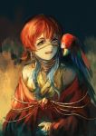  1girl :d beak bird jewelry kngn. long_hair looking_to_the_side macaw multicolored_hair on_shoulder open_mouth parrot red_eyes smile teeth two-tone_hair 