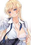 1girl :d blonde_hair blue_eyes blue_necktie blush bra breasts buttons cleavage commentary_request eyebrows eyebrows_visible_through_hair head_tilt high-waist_skirt highres lace lace-trimmed_bra large_breasts lingerie long_hair looking_at_viewer matsuryuu necktie open_clothes open_mouth open_shirt original self_shot shirt shirt_tug simple_background skirt smile solo striped striped_necktie suspender_skirt suspenders teasing teeth unbuttoned underbust underwear upper_body vertical-striped_skirt vertical_stripes very_long_hair white_background white_bra white_shirt wing_collar 