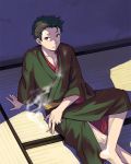  1boy barefoot brown_eyes brown_hair cigarette from_above idolmaster idolmaster_side-m japanese_clothes kimono kimura_ryuu looking_at_viewer looking_up male_focus matches shade sitting smoke solo tatami youhe_hino yukata 