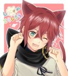  1boy ;d animal_ears cat_ears cat_tail fish green_eyes ichigo_seika male_focus one_eye_closed open_mouth paw_pose redhead scarf shinano_toushirou smile solo tail touken_ranbu upper_body 