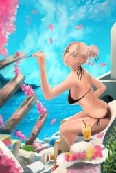  1girl aqua_eyes bikini black_bikini blonde_hair breasts butt_crack greece hat highres long_hair petals shoulder_blades sideboob sitting solo swimsuit town under_boob zerecas 