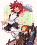  1girl 3boys alain_(pokemon) alternate_costume ameiro_pk apron beard brown_eyes choker clapping dress enmaided facial_hair fleur-de-lis_(pokemon) frills heart maid maid_apron maid_headdress manon_(pokemon) multiple_boys orange_hair pokemon pokemon_(anime) puffy_sleeves redhead short_hair silver_hair smile thigh-highs tray tsuwabuki_daigo video_camera waist_apron white_legwear 