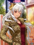  1girl artist_request character_request copyright_name earrings grey_hair hand_in_pocket horns jacket jewelry kerberos_blade long_hair one_eye_closed open_clothes open_jacket red_eyes sky smile solo tree 