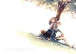  2boys back-to-back brown_hair cape copyright_name dated dutch_angle grass green_eyes h28 hand_on_head indian_style lavender_eyes mikleo_(tales) multiple_boys one_eye_closed silver_hair sitting sorey_(tales) tales_of_(series) tales_of_zestiria tree tree_shade 