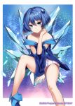  1girl bare_legs bare_shoulders blue_dress blue_eyes blue_hair collarbone detached_sleeves dress ice layered_dress long_sleeves looking_at_viewer official_art piruluk ray-akila solo white_dress wide_sleeves wixoss 