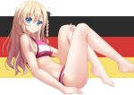  1girl arm_at_side bare_arms bare_legs bare_shoulders barefoot bikini blonde_hair blue_eyes braid breasts character_request closed_mouth eyebrows eyebrows_visible_through_hair flag_background from_side german_flag high_school_fleet highres horizontal_stripes kazenokaze large_breasts leaning_back legs_up letterboxed long_hair looking_at_viewer looking_to_the_side sideboob single_braid sitting smile solo striped striped_bikini swimsuit tareme thighs wilhelmina_braunschweig_ingenohl_friedeburg 