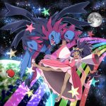  1girl big_hair brown_eyes crown dark_skin dragon dress earth full_body full_moon hair_rings highres hydreigon iris_(pokemon) long_hair moon open_mouth outer_space outstretched_arms pink_dress poke_ball pokemon pokemon_(creature) pokemon_(game) pokemon_bw2 purple_hair rainbow sandals space star star_(sky) tm_(hanamakisan) two_side_up very_long_hair wide_sleeves 