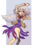  1girl bow bowtie dress girotin_ginza jacket jpeg_artifacts kishin_sagume leg_up long_sleeves open_clothes purple_dress red_eyes shirt short_dress short_hair silver_hair single_wing solo touhou wings 