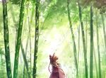  1girl backlighting bamboo bamboo_forest blurry bow brown_eyes brown_hair depth_of_field detached_sleeves forest from_behind hair_bow hair_tubes hakurei_reimu highres leaf light_rays long_hair looking_to_the_side nature profile scenery sidelocks solo sunlight touhou wind xia_xiang 