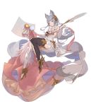  1girl animal_ears ass bangs bare_shoulders between_legs black_legwear blunt_bangs breasts brooch closed_mouth dress elbow_gloves feathers fingerless_gloves floating floating_hair frills full_body gloves granblue_fantasy grey_eyes hair_ornament hanarito high_heels highres holding jewelry korwa long_hair looking_at_viewer mismatched_legwear quill ribbon silver_hair simple_background sitting smile solo thigh-highs thighlet white_background 