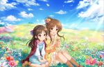  2girls :o artist_request bangs blush boots bow brown_eyes brown_hair collarbone dress field flower flower_field hair_bow hair_bun hair_flower hair_ornament idolmaster idolmaster_cinderella_girls idolmaster_cinderella_girls_starlight_stage jewelry long_hair multiple_girls necklace official_art open_mouth petals seiza sitting sky smile tachibana_arisu takamori_aiko wind 