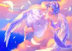  1girl angel_wings arm_up bare_arms bare_legs bare_shoulders barefoot blue_hair breasts cleavage closed_mouth collarbone dress eyelashes feathered_wings feathers flying from_above full_body gradient_hair hand_in_hair headphones hyanna-natsu looking_at_viewer looking_up multicolored_hair off_shoulder orange_eyes orange_hair original outdoors ribbon short_hair sleeveless sleeveless_dress smile solo strap_slip sundress tareme white_dress white_feathers white_ribbon white_wings wings 