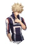  1boy bakugou_katsuki blonde_hair boku_no_hero_academia gym_uniform looking_at_viewer male_focus pout red_eyes simple_background solo spiky_hair upper_body wewomnanana white white_background 