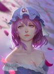  1girl absurdres bare_shoulders breasts chenyin cleavage hat highres lips petals pink_eyes pink_hair realistic saigyouji_yuyuko short_hair signature solo touhou triangular_headpiece upper_body 