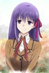  1girl 2014 dated fate/stay_night fate_(series) hair_ribbon highres kem_kem long_hair matou_sakura purple_hair purple_ribbon ribbon school_uniform signature smile solo violet_eyes 