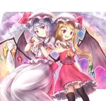  2girls :d ascot bat_wings black_legwear blonde_hair blush crystal fang fang_out flandre_scarlet hat hat_ribbon lavender_hair long_skirt looking_at_viewer minust mob_cap multiple_girls open_mouth outstretched_arm puffy_sleeves red_eyes remilia_scarlet ribbon sash shirt short_sleeves siblings side_ponytail sisters skirt skirt_set slit_pupils smile thigh-highs touhou vest wings wrist_cuffs 