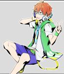  1boy ahoge alternate_costume aoi_kyosuke ball bracelet egawa_satsuki headphones hood hooded_jacket idolmaster idolmaster_side-m index_finger_raised jacket jewelry looking_to_the_side male_focus navel necktie orange_eyes orange_hair soccer_ball solo 