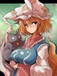  1girl bell bell_collar bespectacled breasts chen chen_(cat) collar covered_nipples fox_tail glasses hat jingle_bell long_sleeves ofuda orange_hair pillow_hat red_eyes revision ryuno short_hair tabard tail touhou yakumo_ran 