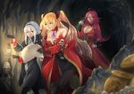  3girls ahoge alcohol anne_bonny_(fate/grand_order) belt black_legwear black_skirt blonde_hair blue_eyes bow breasts buttons cave cleavage coin detached_collar fate/extra fate/grand_order fate_(series) glowing hair_bow hairband hand_on_hip high_collar holding_bottle holding_paper jewelry lantern large_breasts long_sleeves long_twintails mary_read_(fate/grand_order) multiple_girls nakaga_eri necklace open_mouth pantyhose pearl_necklace pink_hair pirate_costume pointing red_eyes rider_(fate/extra) robe scar skeleton skirt skull_and_crossbones sleeveless_coat twintails white_hair 