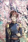  1boy axis_powers_hetalia cherry_blossoms epaulettes japan_(hetalia) military military_uniform solo sumi_tooru tree uniform violet_eyes 