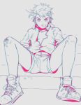  1boy bandage_on_face chromatic_aberration foreshortening frown h28 hands_in_pockets jacket jojo_no_kimyou_na_bouken joseph_joestar_(young) male_focus mixed_media monochrome perspective shoes short_shorts shorts sitting sneakers solo spot_color stairs younger 