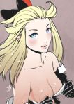  1girl ahoge blonde_hair blue_eyes blush bow bravely_default:_flying_fairy bravely_default_(series) breasts cleavage commentary daniel_macgregor edea_lee eyebrows forehead gloves hair_bow lips long_hair portrait smile solo strapless 