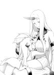  2girls absurdres bare_shoulders between_breasts black_panties boots breasts claws detached_sleeves dress greyscale halftone hand_on_another&#039;s_head head_between_breasts highres horn horns hug kantai_collection kawashima_mitsuha large_breasts long_hair monochrome multiple_girls northern_ocean_hime panties ribbed_dress seaport_hime shinkaisei-kan short_dress sideboob sitting underwear wariza 