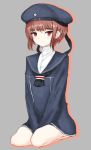  1girl brown_eyes brown_hair clothes_writing dress full_body grey_background hat kantai_collection long_sleeves looking_at_viewer miriamu neckerchief outline sailor_collar sailor_dress sailor_hat seiza short_hair simple_background sitting solo v_arms z3_max_schultz_(kantai_collection) 